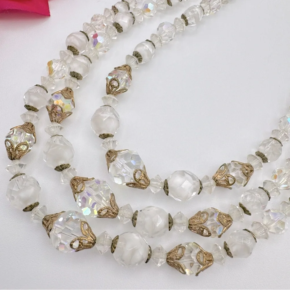 Vintage Givre Glass AB Crystal Bead Triple Strand Necklace Filigree Romantic - Picture 12 of 15